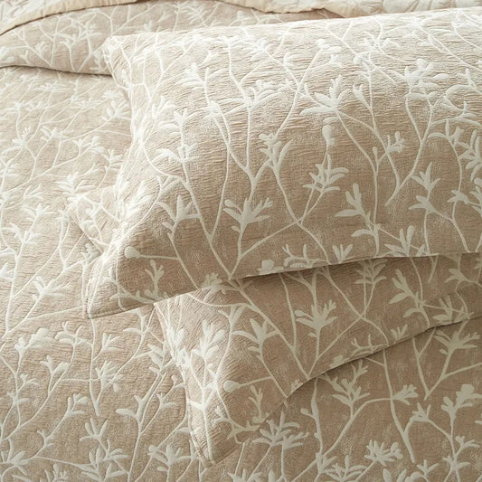 Beige Cotton Jacquard Summer Quilt, Botanical Design – Premium Quality.