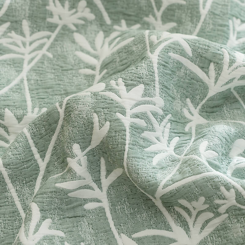 Green Cotton Jacquard Summer Quilt, Botanical Design – Premium Quality.