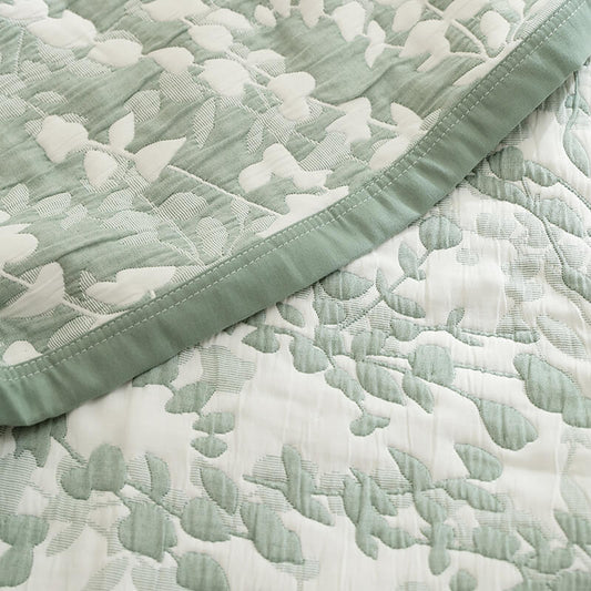 Green Cotton Jacquard Summer Quilt with Mini Leaves – Premium Quality.