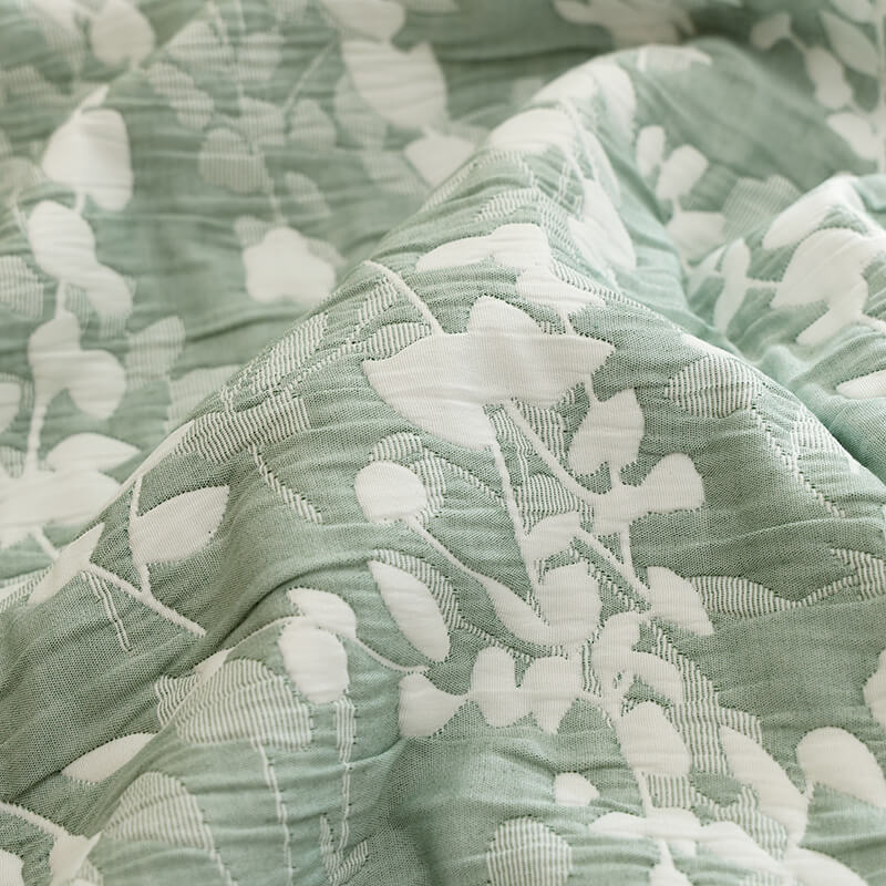 Green Cotton Jacquard Summer Quilt with Mini Leaves – Premium Quality.