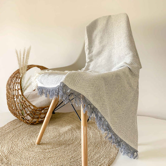 Multipurpose summer quilt for sofa or bed. Light gray color.