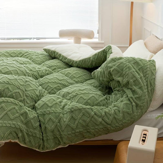 Green winter blanket quilt. Embrace the warmth at every break.