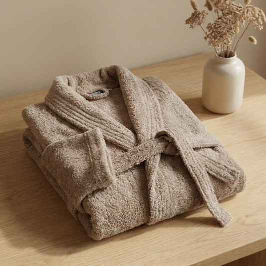 Primer plano del tejido de algodón peinado del albornoz beige, mostrando su suavidad y acabado premium sin impurezas.