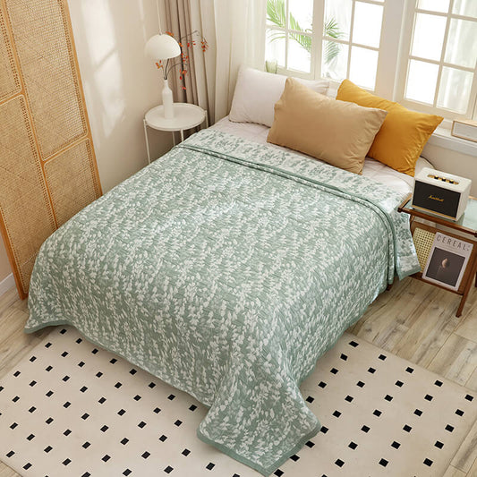 Green Cotton Jacquard Summer Quilt with Mini Leaves – Premium Quality.