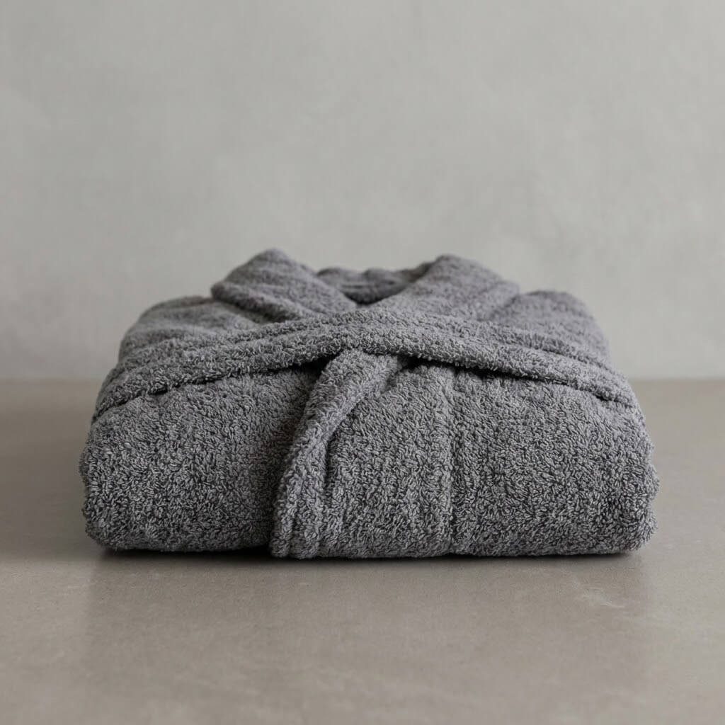 Primer plano del albornoz con el tejido de rizo americano de alta absorción 450 gramos en color gris oscuro.