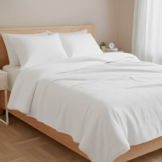 Edredón borreguito blanco reversible extra suave, termosellado con cara de borreguito, relleno 430 g/m², incluye fundas de almohada, ideal para invierno y entretiempo.