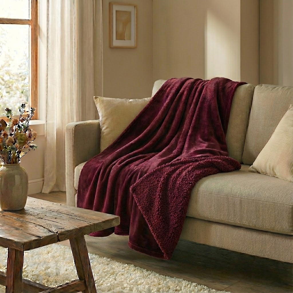 Manta borreguito reversible color roja granate, con cara polar suave y borreguito del mismo color, disponible en 150x200 y 200x230 cm.