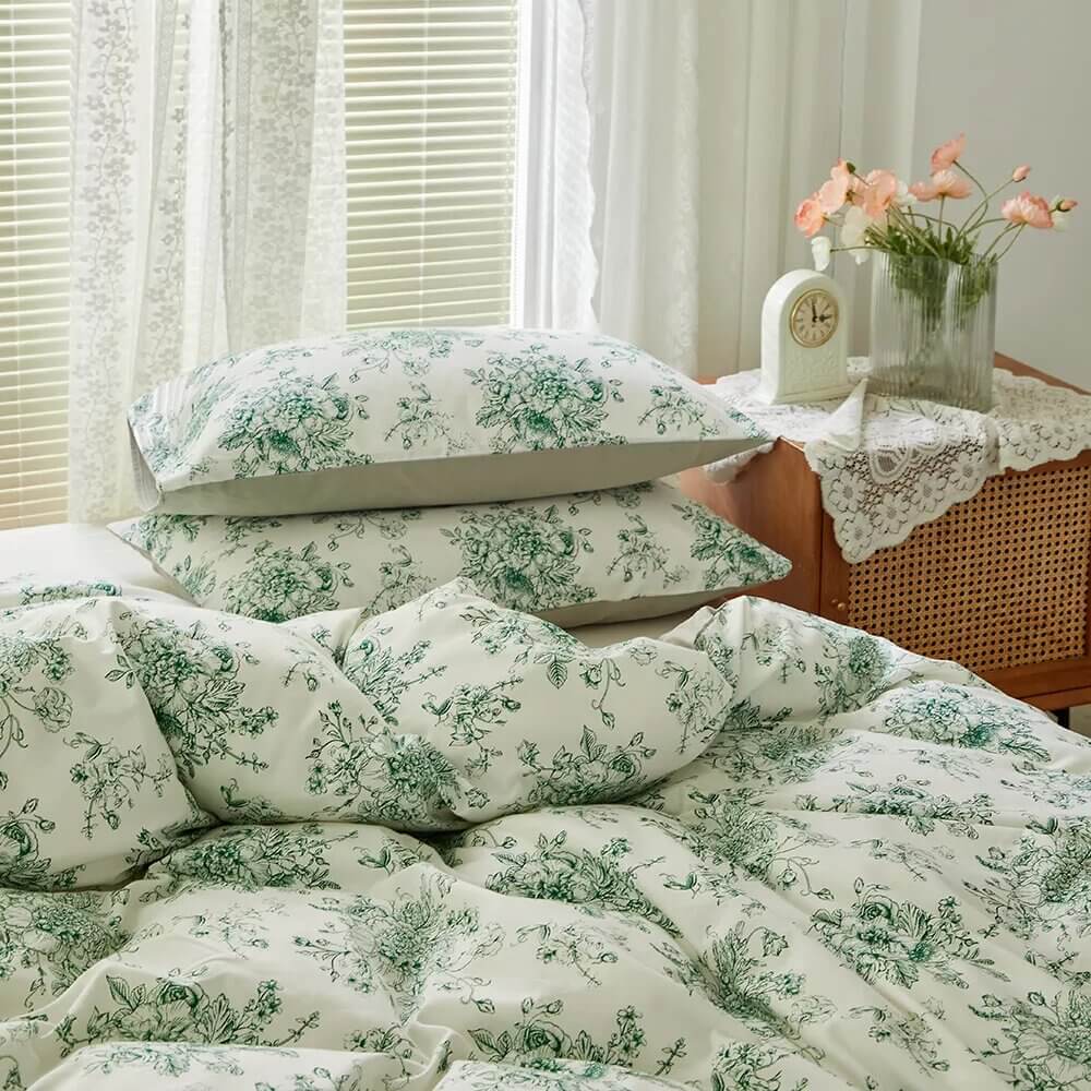 Green flower duvet cover with reversible print, 100% Cotton.
