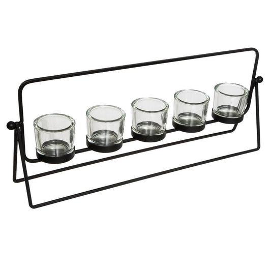 Set de 5 portavelas en metal y vidrio. Largo 51cm. - Oma Home